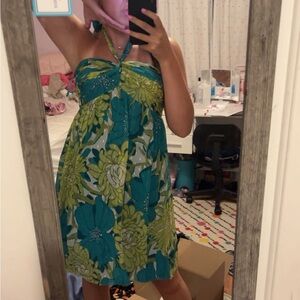 Floral Halter Dress in Green and Blue Ann Taylor